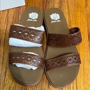 Yellow Box Tan Laser-Cut Sandals